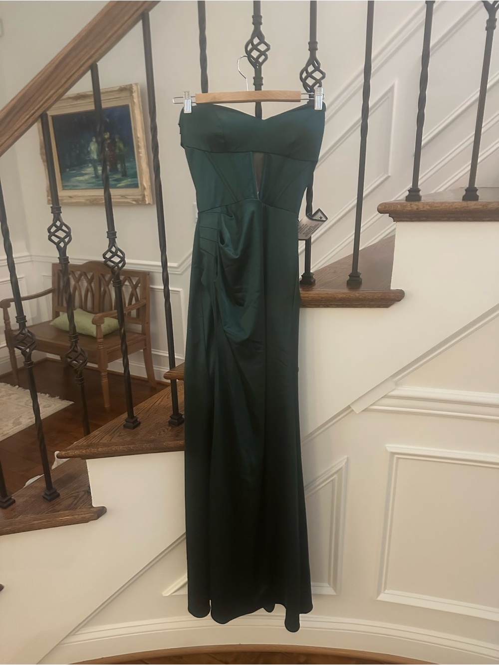 Macy's Strapless Forest Green Satin Prom Gown
